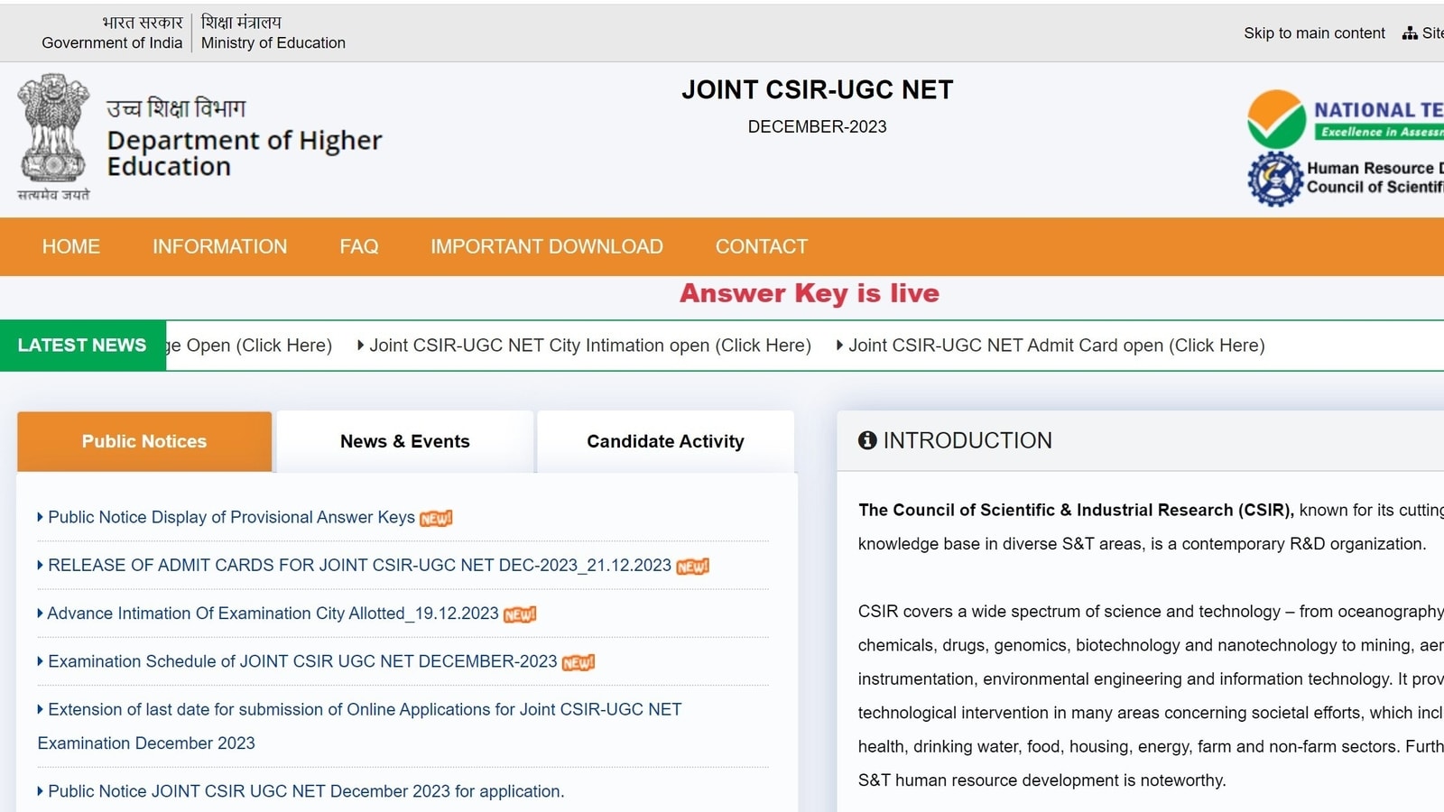 CSIR UGC NET December 2023 provisional answer key released direct